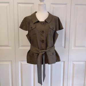 Ann Taylor Short Sleeve Gray Self Belted Button Down Blouse Size 12, Good Cond.